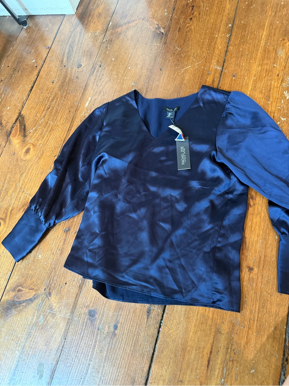 Rachel Zoe Navy Satin V-Neck Blouse